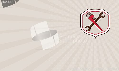 Image of Business card Pipe Wrench Spanner Crossed Shield Cartoon