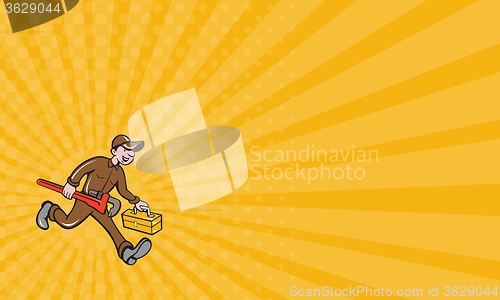 Image of Business card Plumber Carrying Monkey Wrench Toolbox Cartoon