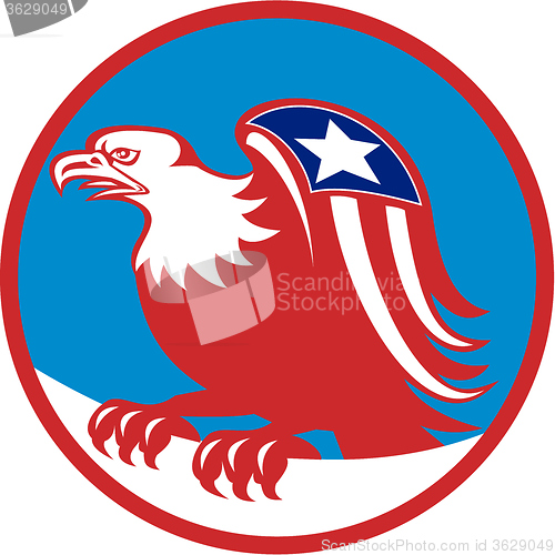 Image of American Eagle Flag On Wing Perching Circle Retro