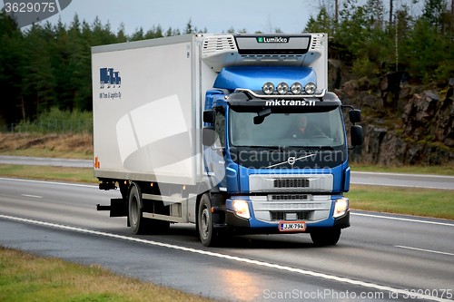 Image of Blue Volvo FE Reefer Truck on Motorway