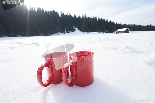 Image of two red coups of hot tea drink in snow  at winter