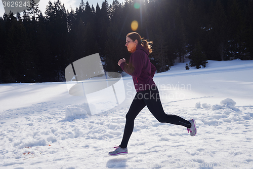 Image of yougn woman jogging outdoor on snow in forest