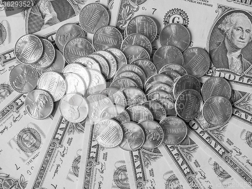 Image of Black and white Dollar coins and notes