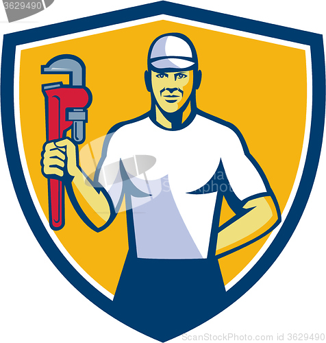 Image of Plumber Holding Monkey Wrench Shield Retro