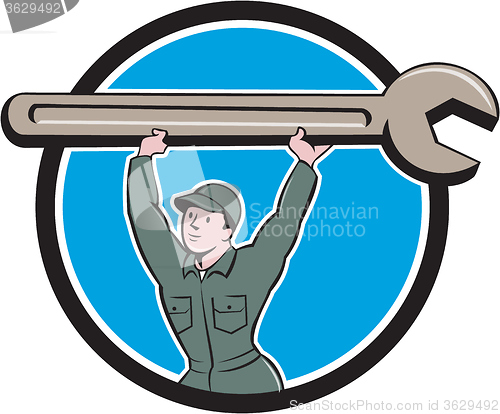 Image of Mechanic Lifting Spanner Wrench Circle Cartoon