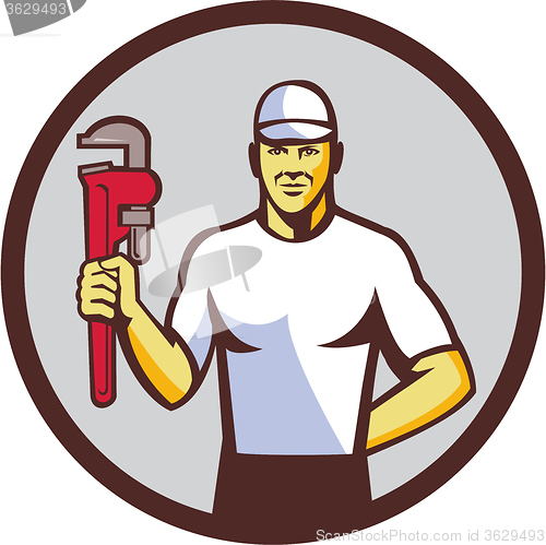 Image of Plumber Holding Monkey Wrench Circle Retro