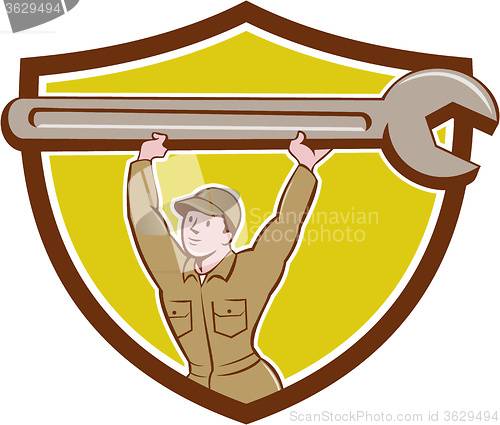 Image of Mechanic Lifting Spanner Wrench Crest Cartoon