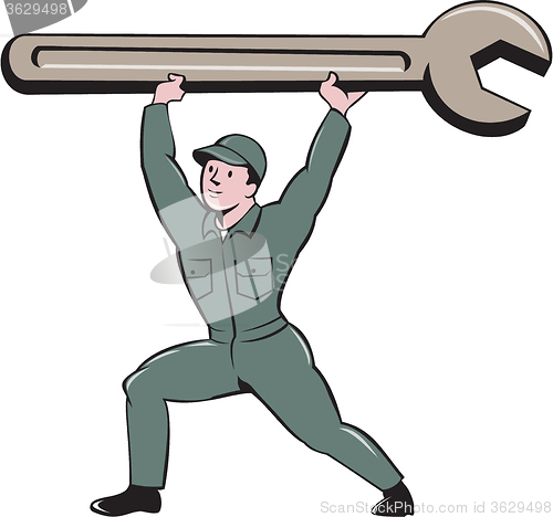 Image of Mechanic Lifting Spanner Wrench Cartoon