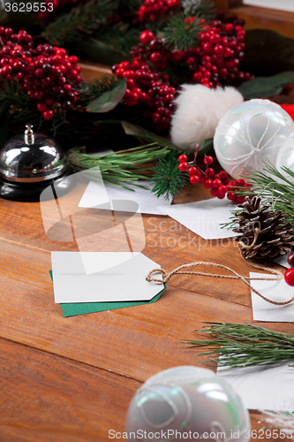 Image of The wooden table and Christmas decoration