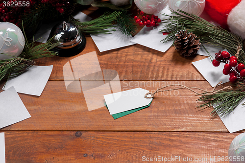 Image of The wooden table and Christmas decoration