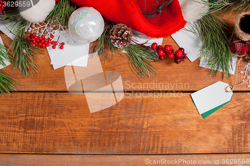 Image of The wooden table with Christmas decorations 