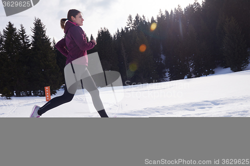 Image of yougn woman jogging outdoor on snow in forest