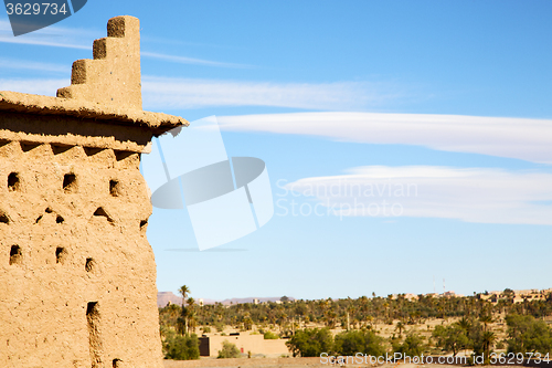 Image of brown old  construction in  palm tree  near the tower