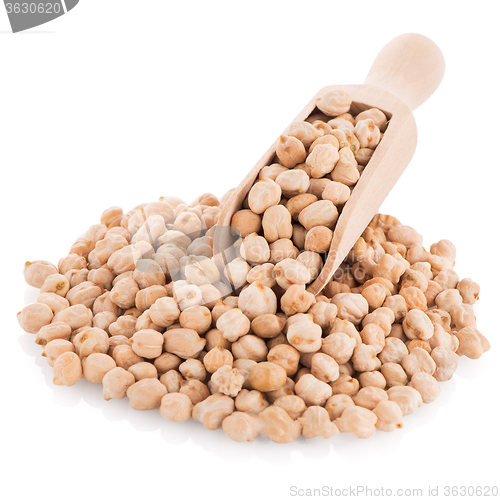 Image of Uncooked chickpeas and wooden scoop