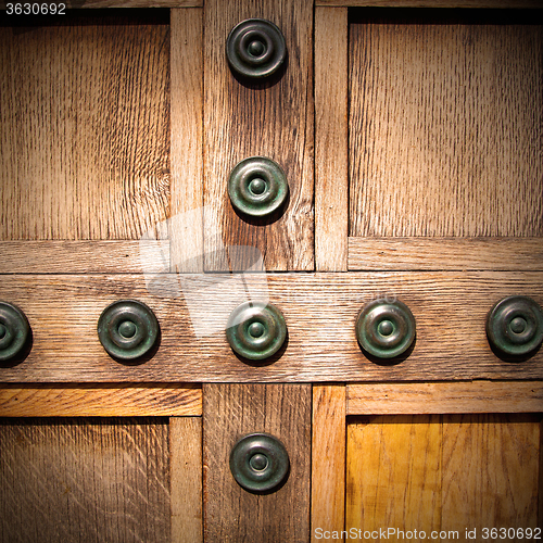 Image of in london antique brown door  rusty  brass nail and light