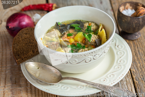 Image of Soup with pasta and meatballs turkey.