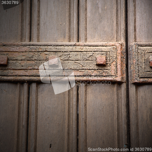 Image of in london antique brown door  rusty  brass nail and light