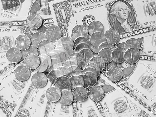 Image of Black and white Dollar coins and notes