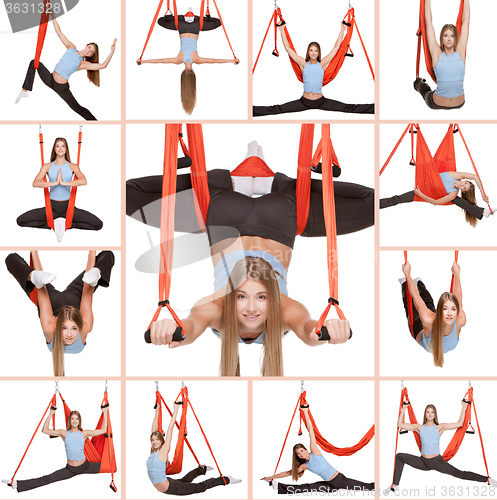 Image of Young woman doing anti-gravity aerial yoga