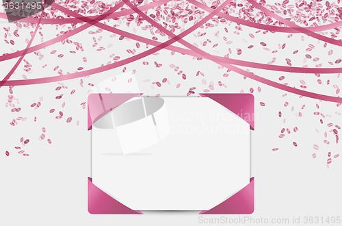 Image of blank card with confetti and ribbons