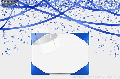 Image of blank card with confetti and ribbons