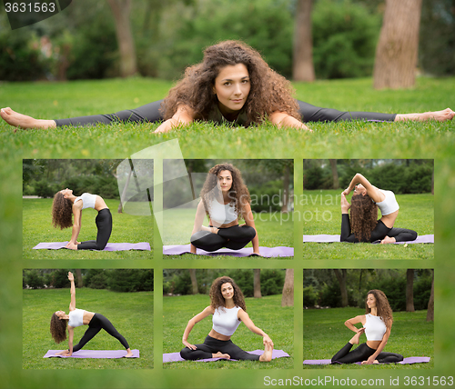 Image of Collage of young beautiful woman doing yoga exercises in park