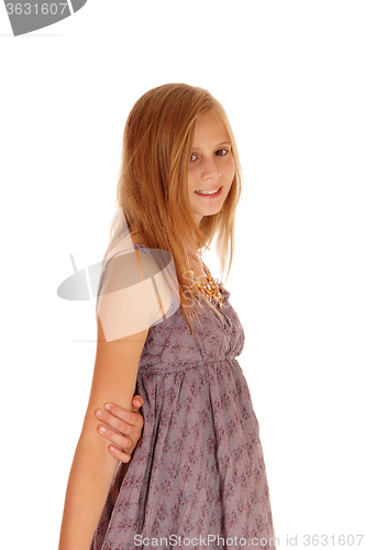 Image of Lovely little girl in dress standing.