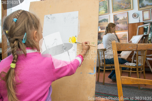 Image of Five-year girl and mother learning to paint in the artist\'s studio