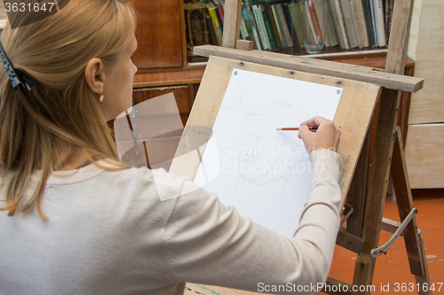 Image of A young girl paints on an easel in the studio of the artist