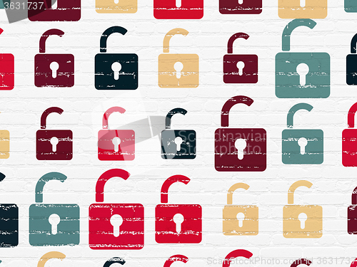 Image of Data concept: Opened Padlock icons on wall background