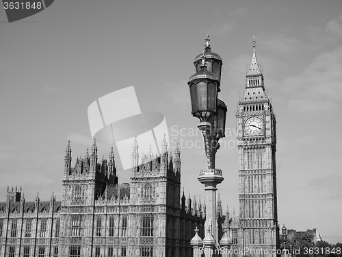 Image of Black and white Houses of Parliament in London