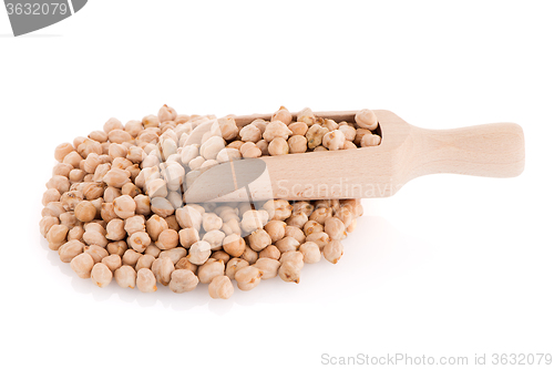 Image of Uncooked chickpeas and wooden scoop