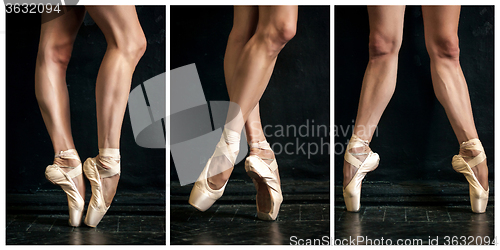 Image of Collage of classic ballerina\'s legs in pointes on wooden floor