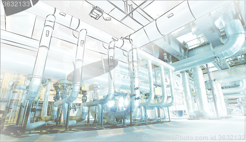 Image of Sketch of piping design mixed with industrial equipment photo