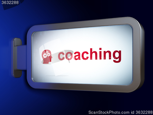 Image of Learning concept: Coaching and Head With Gears on billboard background