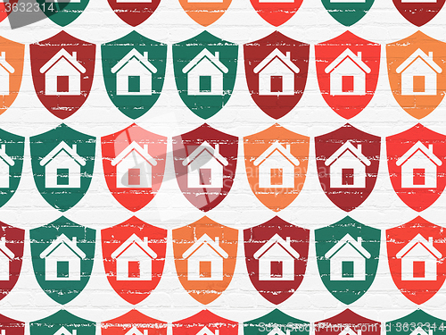 Image of Business concept: Shield icons on wall background