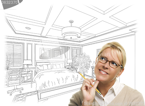 Image of Woman With Pencil Over Bedroom Design Drawing and Photo Combinat