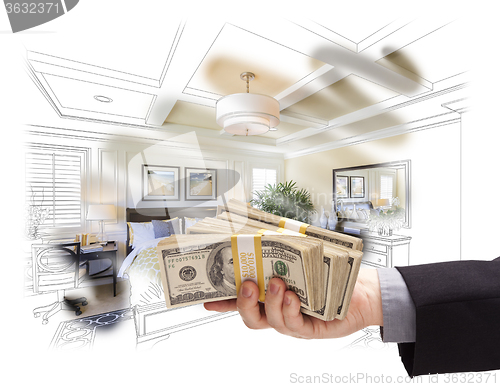 Image of Handing Stack of Money Over Bedroom Drawing Photograph Combinati