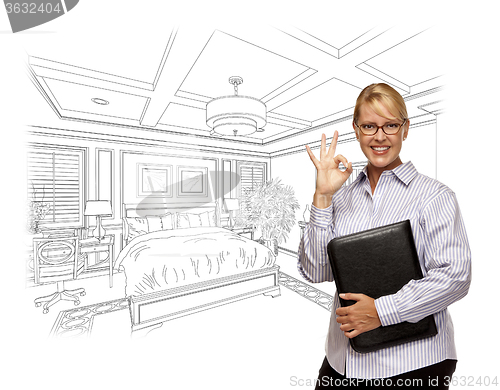 Image of Woman with Okay Sign Over Bedroom Drawing Photo Combination