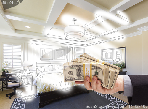 Image of Handing Stack of Money Over Bedroom Drawing Photograph Combinati