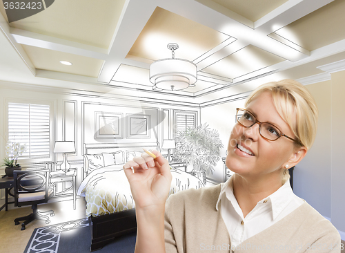 Image of Woman With Pencil Over Bedroom Design Drawing and Photo Combinat