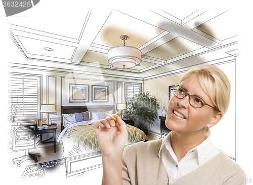 Image of Woman With Pencil Over Bedroom Design Drawing and Photo Combinat