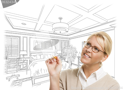 Image of Woman With Pencil Over Custom Bedroom Design Drawing