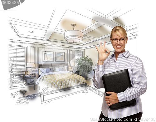 Image of Woman with Okay Sign Over Custom Bedroom Drawing Photo Combinati