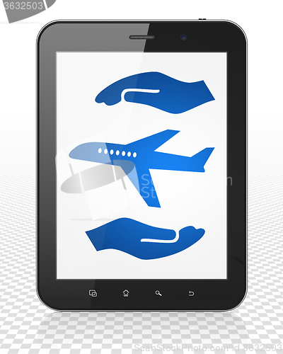 Image of Insurance concept: Tablet Pc Computer with Airplane And Palm on display