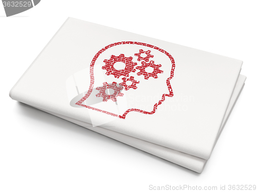 Image of Advertising concept: Head With Gears on Blank Newspaper background