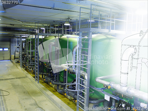 Image of sketch mixed with photo water treatment tanks at power plant