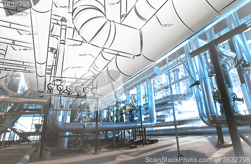 Image of Sketch of piping design mixed with industrial equipment photos