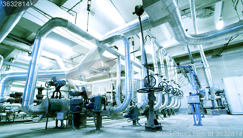 Image of Industrial zone, Steel pipelines and cables in blue tones