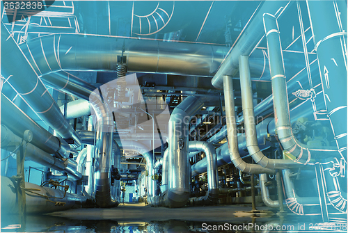Image of Sketch of piping design mixed to power plant photo
